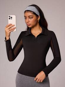Gameset SHEIN Sport 女士运动瑜伽健身户外网眼拼接长袖POLO衫领拉链 - 黑色 - 查看 1