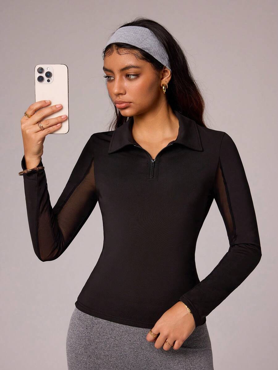 Gameset SHEIN Sport 女士运动瑜伽健身户外网眼拼接长袖POLO衫领拉链 - 黑色 - 查看 1