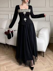 Celisse Women's Solid Color Vintage Lace Patchwork Rhinestone Decor Top + Mesh Skirt 2-Piece Set - Black - View 7