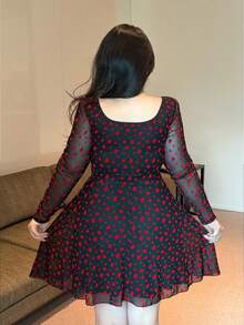Vibekara Sheer Floral Flocked Long Sleeve Mesh See-Through Crop Mini Dress, Sexy Fall - Multicolor - View 5