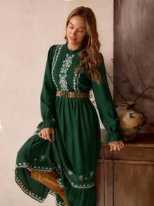 LanaWest Women's New Brown Round Neck Frill Trim Long Sleeve High Waist Flared Hem Retro Embroidered Wavy Hem Maxi Vintage Casual Bohemian Western Dress, Autumn/Winter - Dark Green - View 6