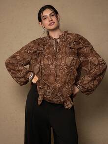 Freevana Blusa de manga farol con cuello de lazo, volantes y estampado floral de anacardo para mujer de talla grande, en color marrón, estilo bohemio, ropa de mujer de estilo campestre con estampado de paisley
