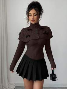 Elenzga Women's Mock Neck Bowknot Cape Sweater With Button Design - Coffee Brown - View 6