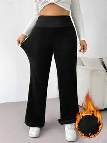 SHEIN EZwear 大码高腰喇叭裤，带保暖内衬，黑色，秋冬款