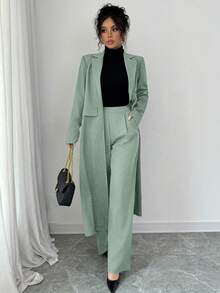 Elenzga Dark Grey Lapel Shoulder Long Suit Pants For Women - Green - View 3