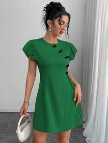 Chiquease 复古中国风纽扣装饰短袖连衣裙 - 綠色 - 查看 5