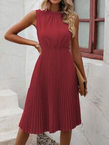 SHEIN PETITE Women's Solid Color Elegant Pleated Sleeveless Waist Dress - Red - View 4