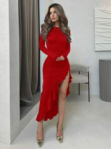 Jemour Women Dresses Asimetris Ruched Split Thigh Plain Anggun - Merah - View 4
