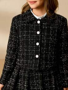 Tween Girl Front Button Long Sleeve Jacket And Skirt Elegant Set Girls Black Plaid Skirt Suit Tweed Skirt Set For Girls Kids Jacket And Skirt Outfit Girls Matching Jacket Skirt Girls Tweed Two Piece Set - Black - View 5