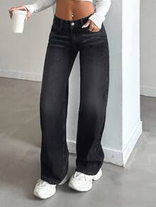 EURMUSE 100%纯棉女士低腰阔腿牛仔裤，带口袋 - 黑色 - 查看 7