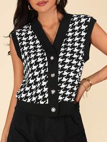 Coeurva 春季千鸟格印花背心外套（不含衬衫） - 黑與白 - 查看 6