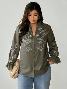 SHEIN LUNE Plus Size Embroidery Print Ruffle Collar V-Neck Button Decor Long Sleeve Ruffle Cuff Casual Shirt, Suitable For Outings, Gatherings, And Vacations - Army Green - View 6