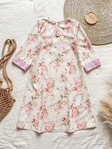 SHEIN Girls Yellow Ditsy Floral Long Sleeve Dress, Fashionable Ruffle Design Casual Wear For Outings, Spring/Autumn 7th Birthday - Pink - View 2