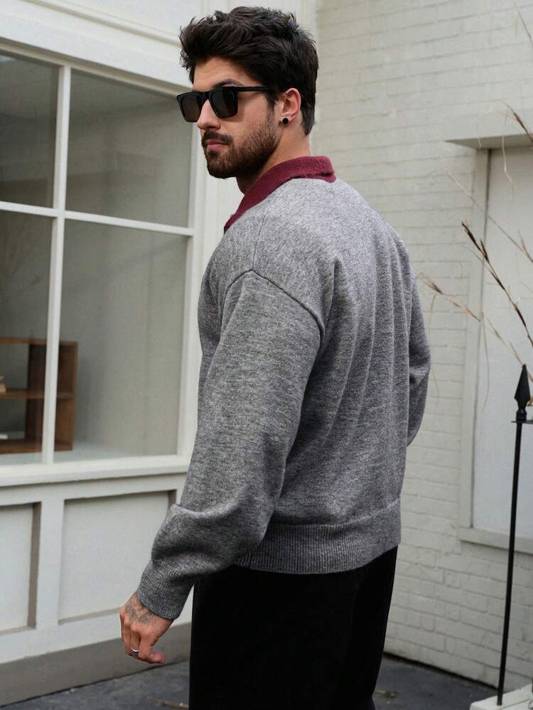 Men's Contrast Color Collar Grey Body Letter Embroidery Sweater, Autumn/Winter