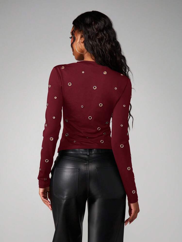 MISSGUIDED Blusa de manga larga con cuello redondo y detalles de herrajes dorados