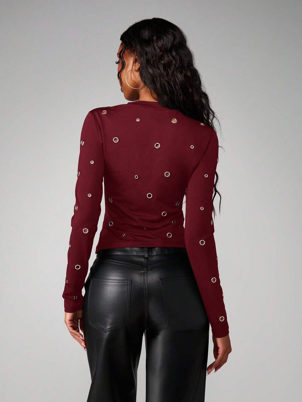 MISSGUIDED Eyelet Round Neck Long Sleeve Top With Golden Metal Hardware Detail