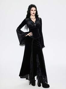 Breakform 女士哥特式优雅植绒花卉拼接植绒缎带刺绣A字长裙 - 黑色 - 查看 5