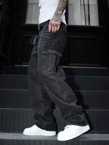 Manfinity EMRG 男士休闲水洗直筒工装牛仔裤 - 深灰色 - 查看 8