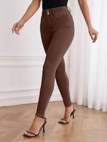 EMERY ROSE Blugi minimalisti de culoare solidă, croială slim fit, casual, versatili, pentru femei - cafea maro - Vizualizare 5
