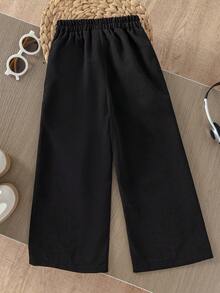 SHEIN 女童休闲直筒弹力腰裤，适合日常休闲外出，春秋季 - 黑色 - 查看 2