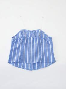 Reset Phase 2pcs/Set Teen Girl Striped Tube Top Cardigan Top And Elastic Waist Wide Leg Pants Casual Outfit, Spring/Summer - Blue and White - View 8