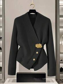 GlowEve 女士蓝色毛衣，新款秋冬金属纽扣不对称开襟羊毛衫，百搭通勤风格