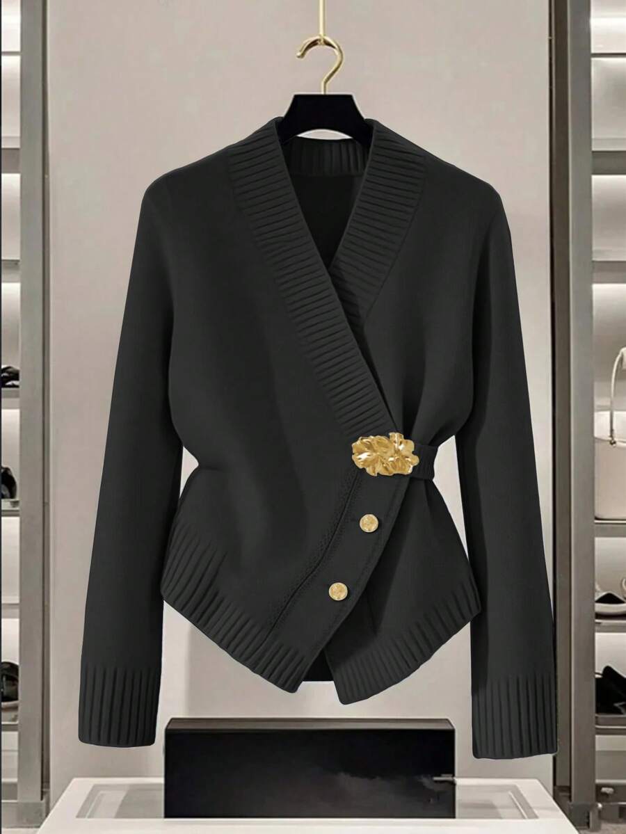 GlowEve 女士蓝色毛衣，新款秋冬金属纽扣不对称开襟羊毛衫，百搭通勤风格