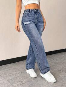 EMERY ROSE Quần jeans ống côn rách rách thường ngày - Rửa trung bình - Xem 11