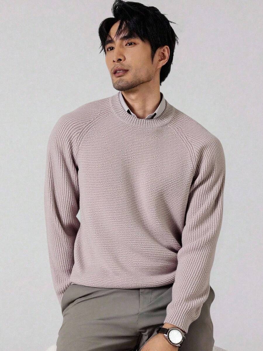 Manfinity Homme 男士纯色简约圆领长袖毛衣,休闲日常秋冬高领男士羊绒衫,男士针织衫,男士针织衫,高领男士针织衫,男士毛衣,羊绒男士圆领男士针织衫 - 卡其色 - 查看 1