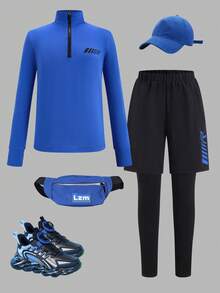 SHEIN طقم ملابس رياضية مريحة للأولاد/المراهقين الصغار، تتكون من بلوزة بياقة عالية نصف سحاب وأكمام طويلة وبنطلون، قطعتان - الأزرق - مشاهدة 4