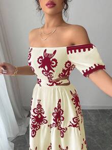 Rafferiza Váy hở vai, nơ sau lưng, thường ngày cho kỳ nghỉ - Đỏ - Xem 6