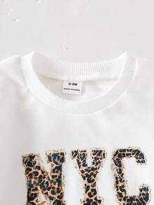 SHEIN Áo nỉ cổ tròn tay dài in họa tiết da báo và quần ống rộng cho bé gái mặc thường ngày - trắng - Xem 6