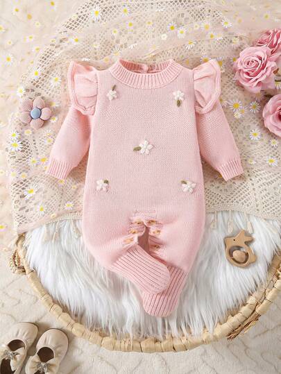 SHEIN Baby Girls Floral Embroidered Knit Romper, Long Sleeve Sweater Jumpsuit With Ruffled Cuffs, Comfortable For Autumn/Winter, Suitable For Everyday Wear, Outings, Travel, Newborns, And Daycare
