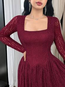 Feyla Women's Elegant Solid Color Square Neck Textured Dress, Autumn - Burgundy - View 6