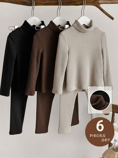 LMoss Kids 6pcs Young Girl Solid Color Knit Stand Collar Casual T-Shirt And Pants Set