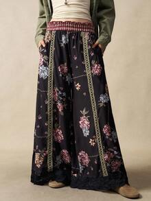 Bohemela Women's Casual Loose Fit Plaid Patchwork Wide Leg Pants - Black - View 6