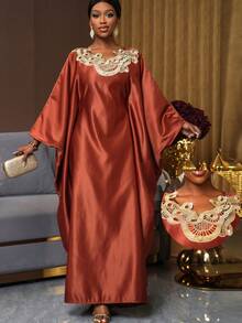 SHEIN Ladiora Women's Brown Collar Floral Lace Batwing Sleeve Midi Dress, Luxurious For Party, Autumn/Winter - Brown - View 1