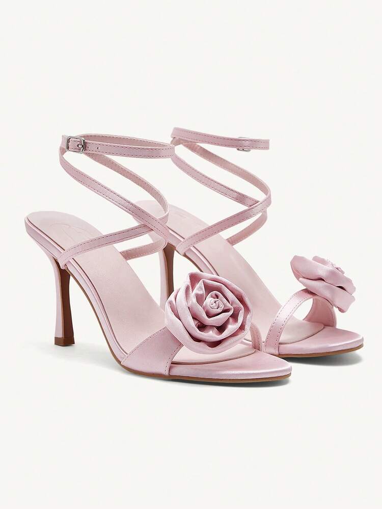 CUCCOO CHICEST Sandalias elegantes y sexys para mujer con flor de rosa rosa, puntera redonda, tacón de aguja alto, correa de tobillo para fiesta, cita y vestido formal