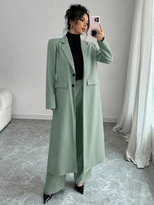 Elenzga Dark Grey Lapel Shoulder Long Suit Pants For Women - Green - View 4