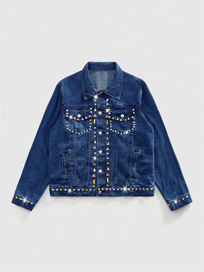 Street Life Men's Turndown Collar Single-Breasted Rhinestone Pocket Daily Commute Long Sleeve Denim Jacket