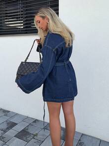 Jeta Ari Women's Dark Blue Denim Jacket Outerwear Autumn New Korean Style Fashionable Retro Versatile Waist Pocket Design Denim Jacket - Dark Wash - View 2