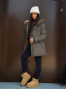 SAYEHFBABY 时尚休闲可调节腰部绗缝中长款连帽加厚棉服外套女士冬季服装 - 灰色 - 查看 6