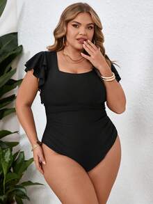 SHEIN CURVE+ 大码夸张荷叶边泡泡袖连体泳衣，适合夏季度假，女士度假装扮，女士沙滩装扮，大码泳衣，女士连体泳衣套装，泳装，显瘦泳衣 - 黑色 - 查看 6