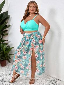 SHEIN CURVE+ Bộ đồ bơi bikini 2 mảnh in họa tiết váy lưới cỡ lớn dành cho nữ - Màu xanh bạc hà - Xem 6