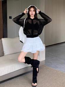 DAZY Women's V-Neck Open Front Hollow Striped Loose Cardigan - Black - View 7