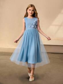 Robe sans manches élégante pour filles avec fermeture éclair à l'avant, fleurs en perles 3D décoratives, jupe plissée à ourlet en maille froncée, convient pour le port quotidien et les occasions formelles, bleu - Bleu azur - Voir 3