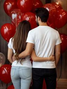 Manfinity Dauomo 情人节男士休闲可爱情侣元素印花白色宽松圆领短袖T恤，情侣款，适合户外穿着，春夏款 - 白色 - 查看 2