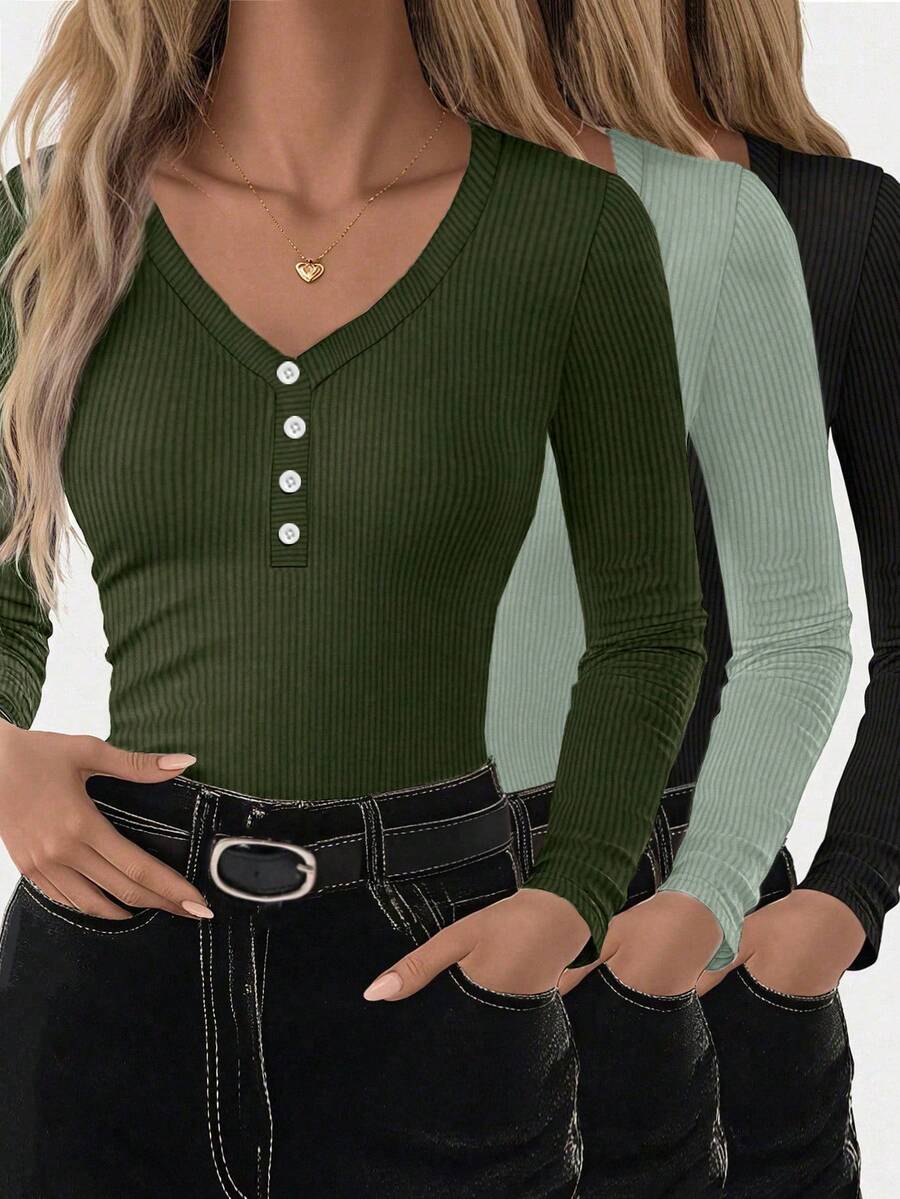 INAWLY Plus Size Women Button Design V-Neck Ribbed Slim Casual T-Shirt - Multicolor - View 1