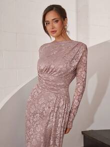 Modelyn Damen Spitze Volant Langarm Schlitz Figurbetontes Elegantes Partykleid - Pink - Übersicht 7