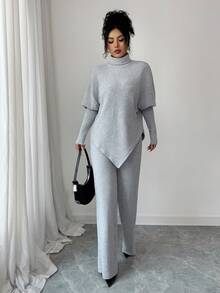 Elenzga 女士柔软针织不对称下摆优雅休闲T恤和裤子两件套 - 灰色 - 查看 7